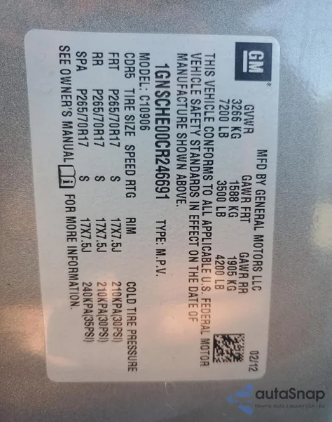 2012 Chevrolet Suburban C1500 Ls from USA, damaged, VIN 1GNSCHE00CR246691